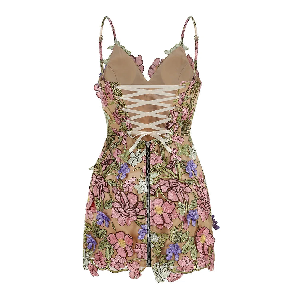 New Chiffon Skin Penetrating Floral V-Neck Suspender Dress With Sleeveless Back Straps Embroidered Evening Gown Party Mini Skirt