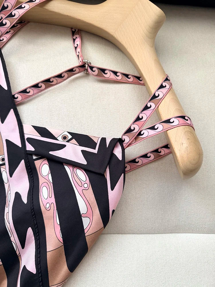 Summer Fashion Outdoors Tourism Geometric Print Asymmetrical Tops Women's Sexy Spaghetti Strap Strapless High Waist Slim Top