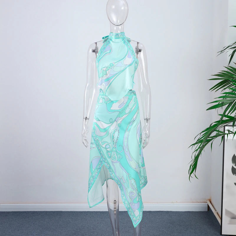 Print Women Dress Backless Mini Dress Halter High Waist Dresses Flared Skirt Hem Waist Shaping Slimming Casual Trendy Street Sty