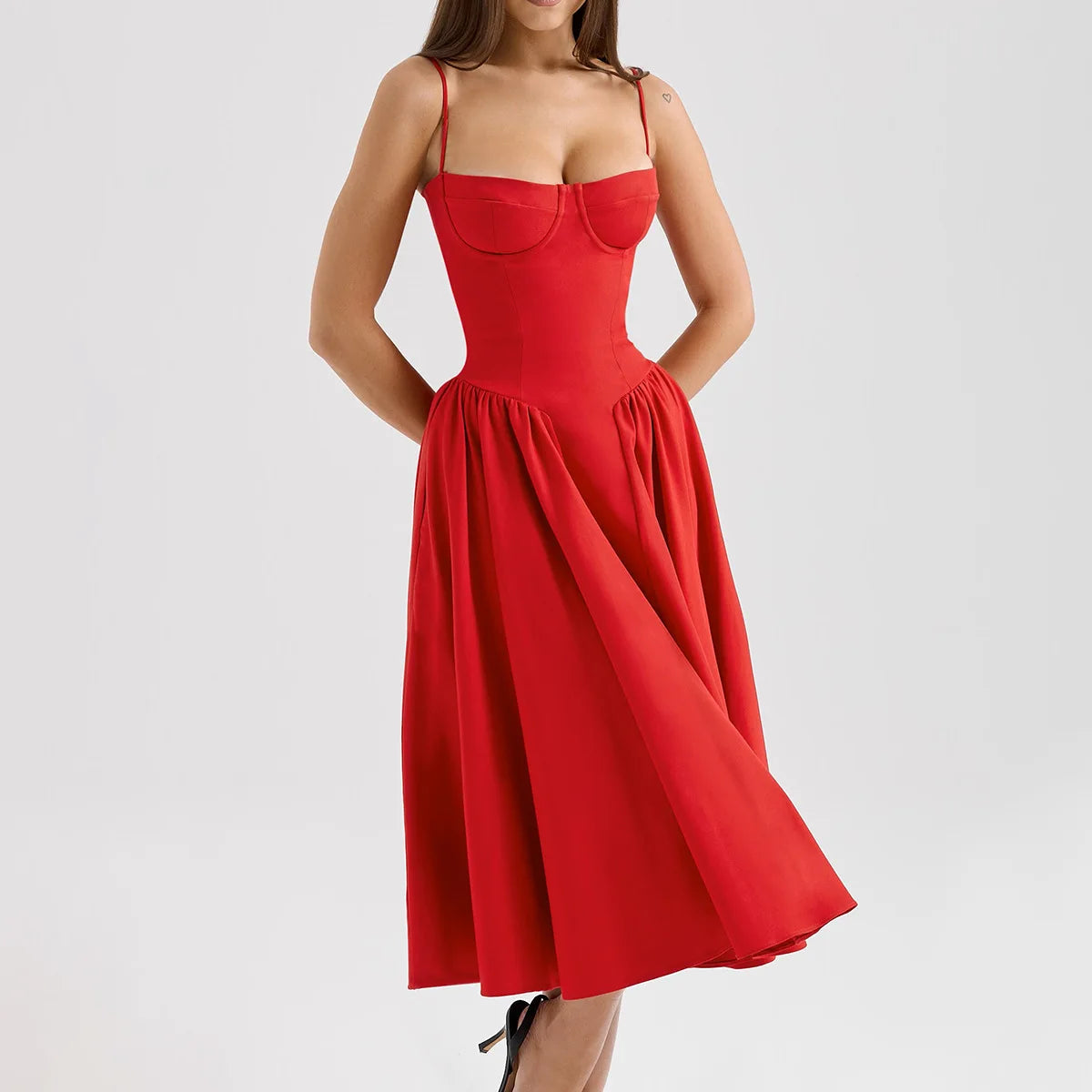 Suninheart Spaghetti Strap Summer Party Dresses 2025 New Arrivals Fit and Flare Elegant Midi Dress Red Night Date Dress - Shellss