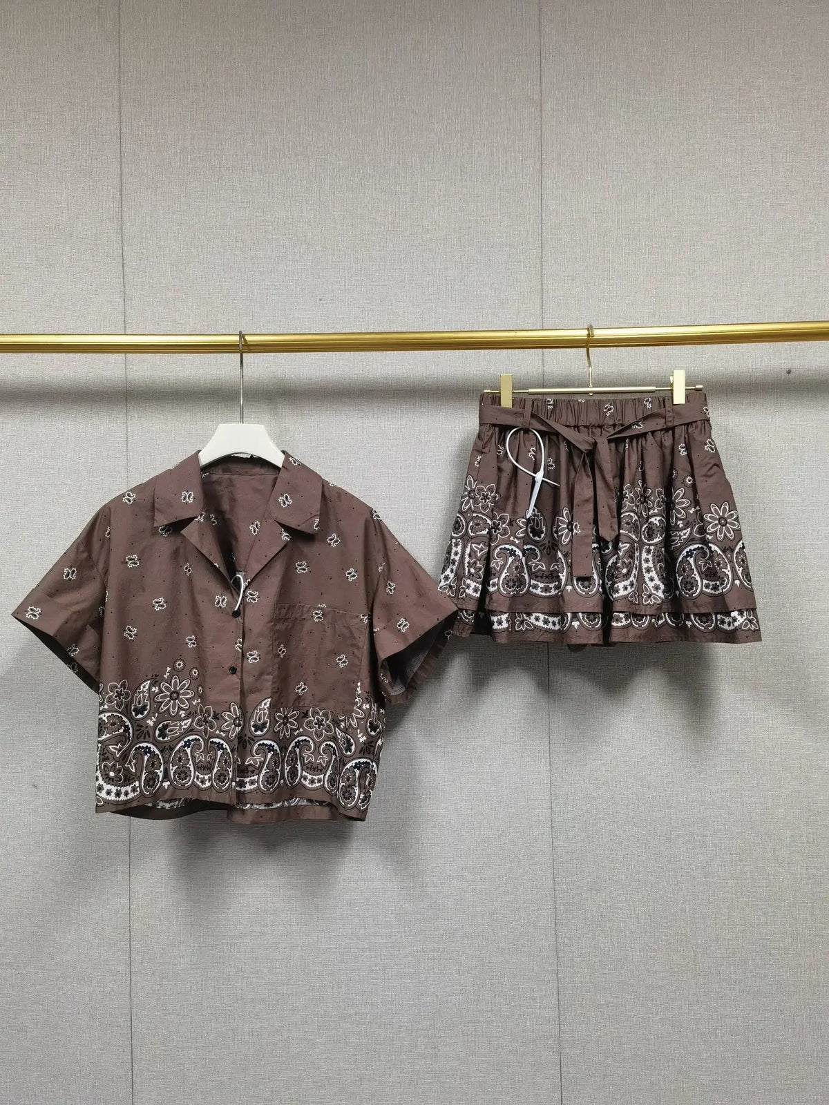 100% Cotton Women Single Breasted Vintage Print Shirt Tops + Lace-Up Shorts Summer - Shellss