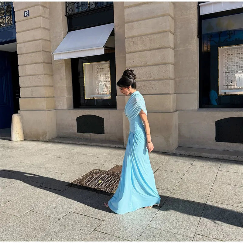 Irregular Shawl Blue Maxi Dress Women's Fashion Turtleneck Slim Fit Pleated Vestidos 2025 New Lady Evening Party Robes Summer - Shellss