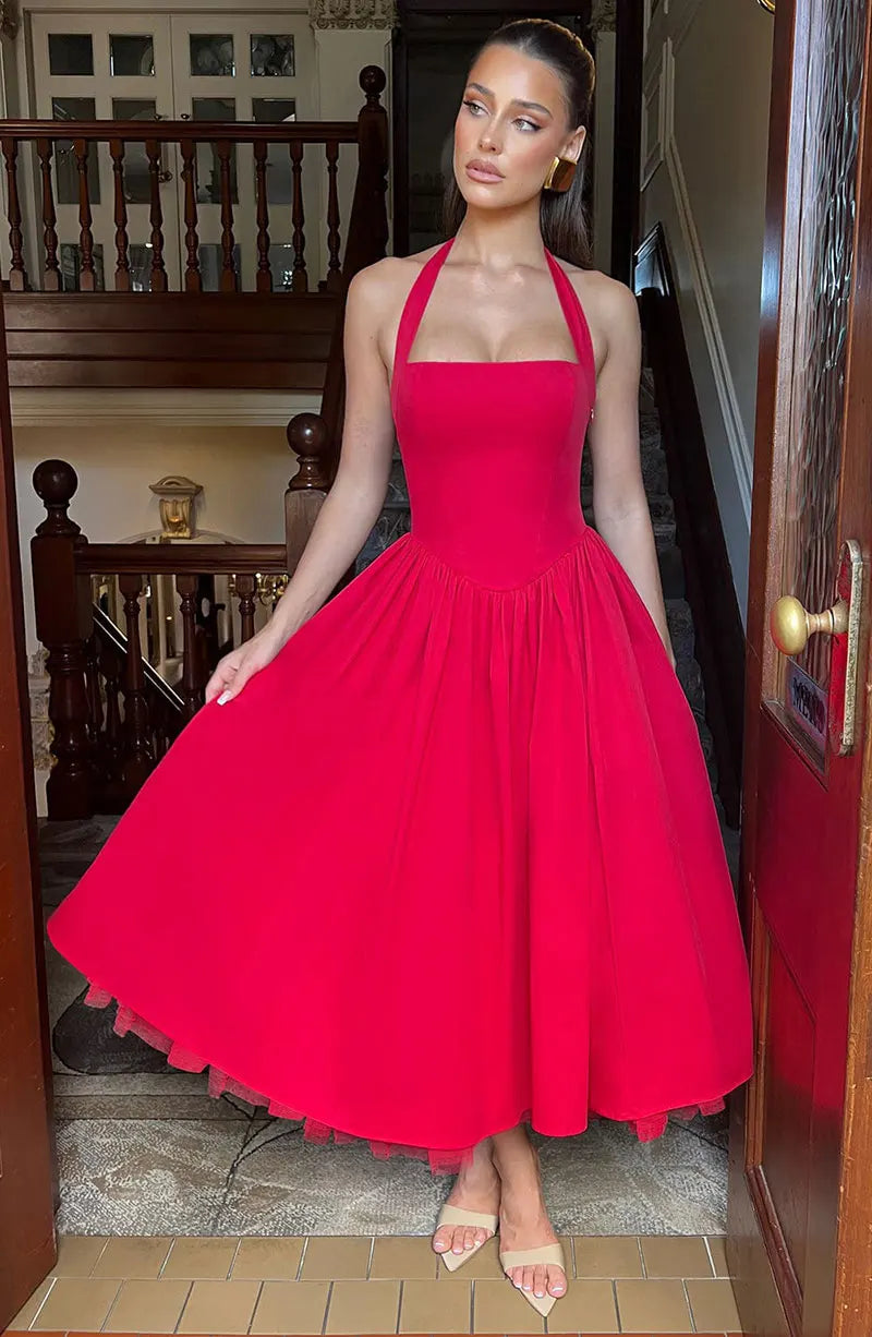 Red Midi Mesh Back Bandage Halter