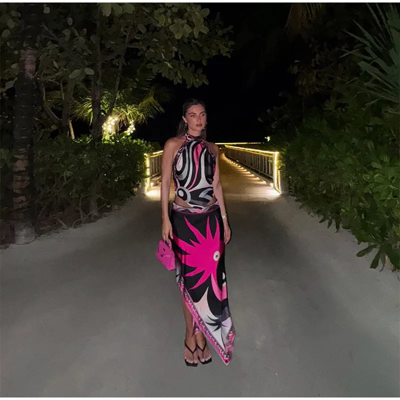 Printed Halter Top Skirt Set- Pucci Vibes