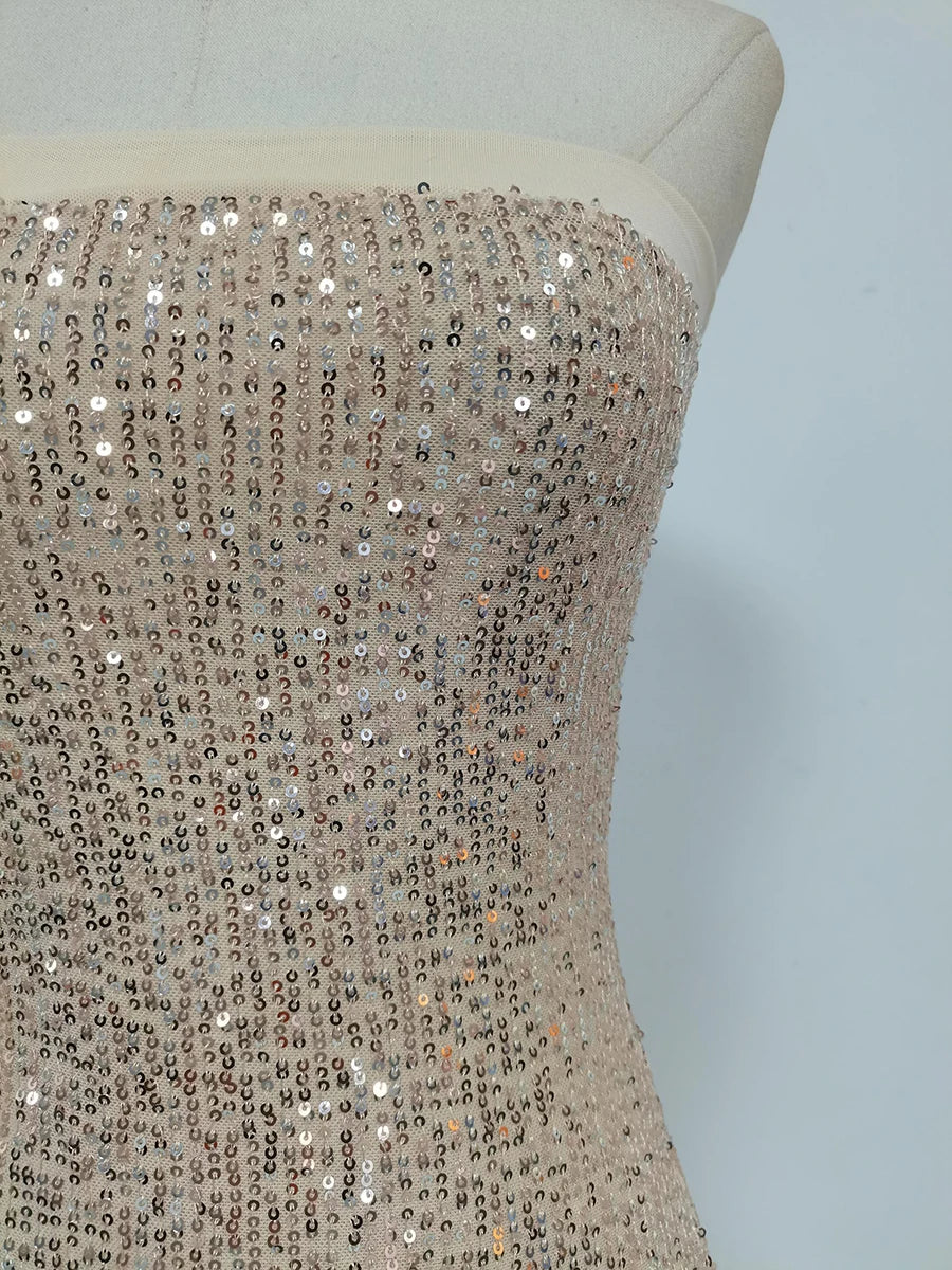 TWOTWINSTYLE Solid Slimming Fashion Dresses for Women Strapless Sleeveless Patchwork Sequins Midi Split Dress Female Clothing