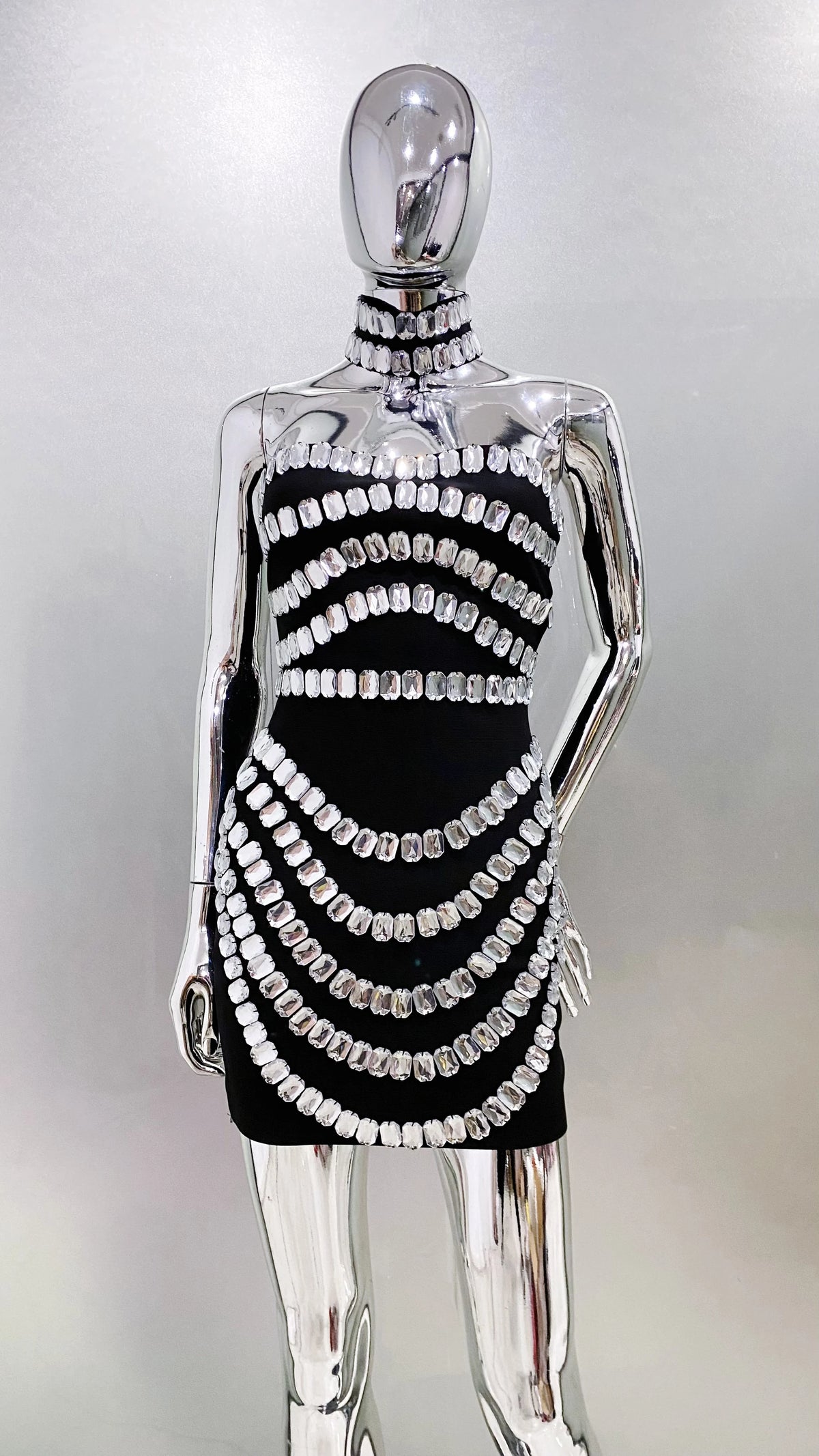Sparkly Big Crystal Women Sexy Strapless Bodycon Mini Bandage Dress Necklace Celebrate Nightclub Party Photo Shoot Wear