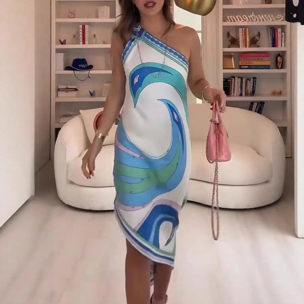 Sexy Slant Shoulder Satin Vacation Dress Women Elegant Print Backless Irregular Short Dress Casual Sleeveless Loose Party Dress - Shellss
