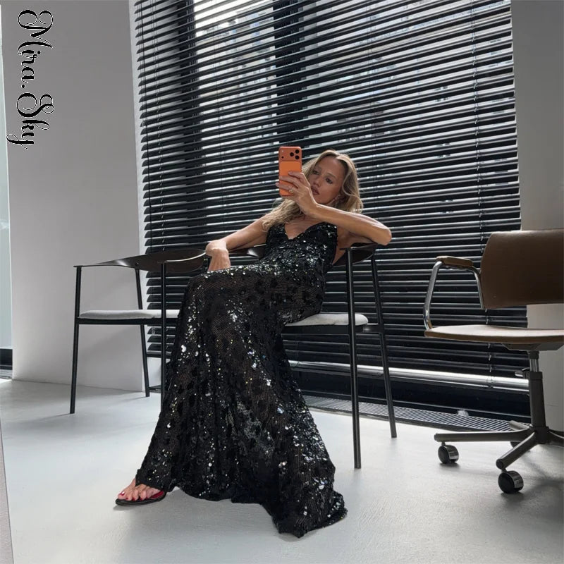 Black Floral Sequin Maxi Dress Sexy Spaghetti Strap Deep V Fishtail Outfit 2026 Summer Luxury Gala Formal Wedding Party Gowns