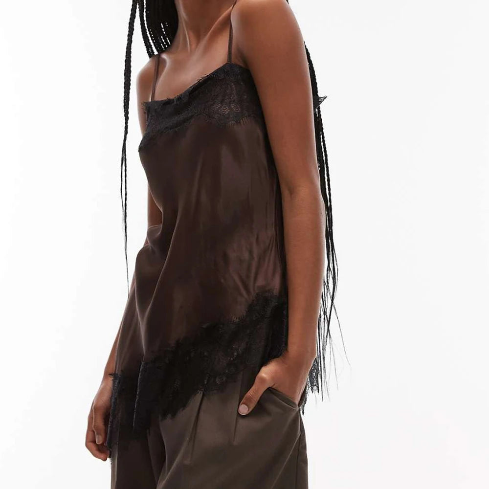 Vintage Lace Satin Asymmetrical Tanks Tops - Shellss