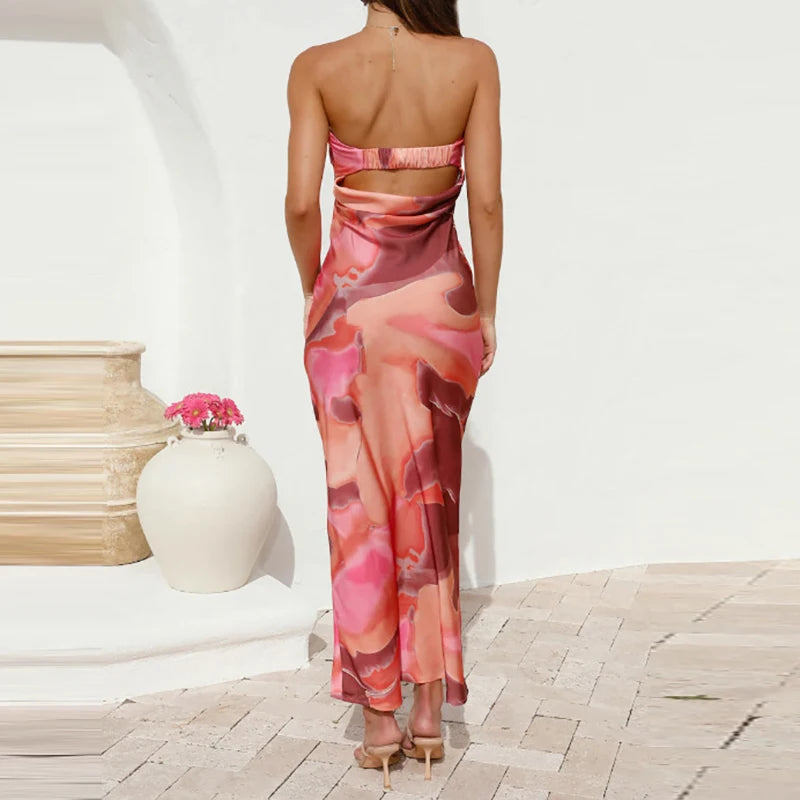 Floral Print backless vacation dress