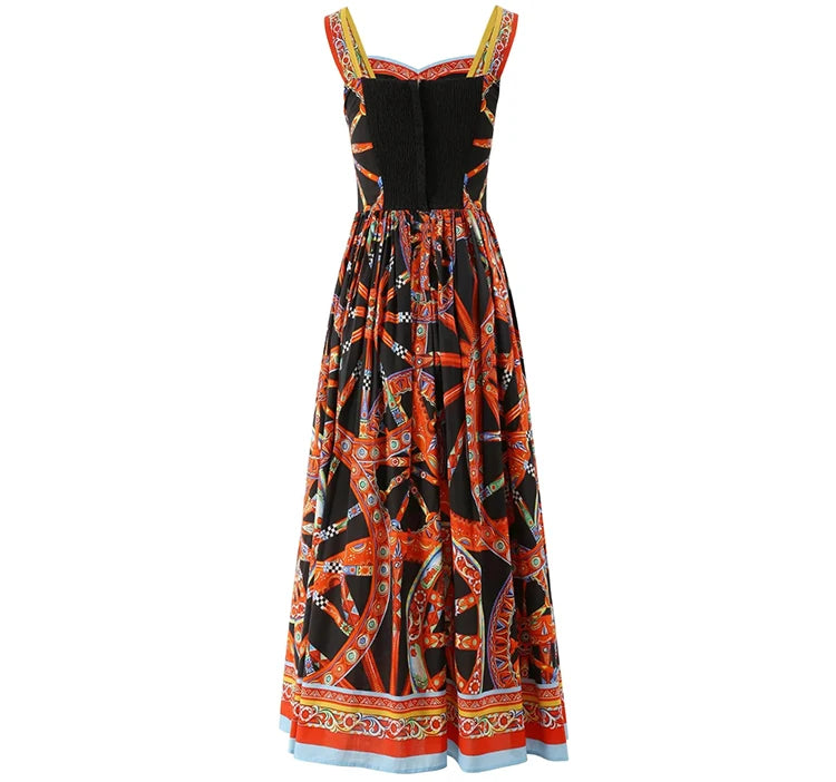 Seifrmann Casual printed cotton suspender dress square neck sleeveless waist long dress 026 autumn women's new style - Shellss
