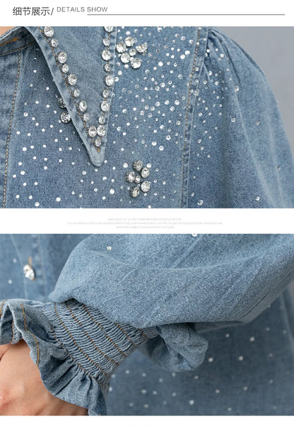 2025 Chic Diamonds Beaded Flowers Denim Blouses Rhinestones