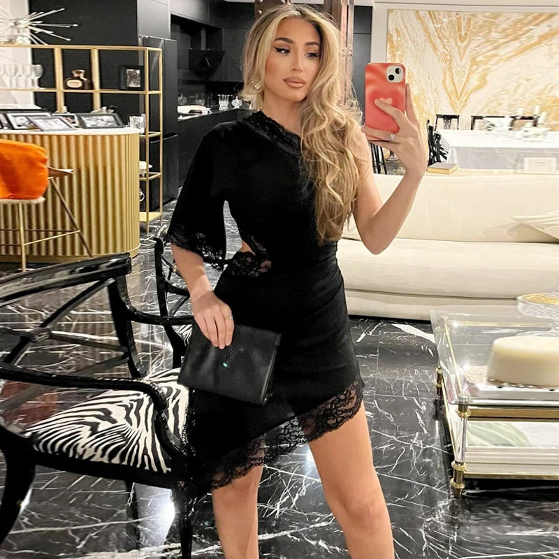 HXAO Black Asymmetric Lace Dresses Women's Dress Summer 2026 Sexy Midi Off Shoulder Cut Out Ruched Vestido Chic Evening Dresses