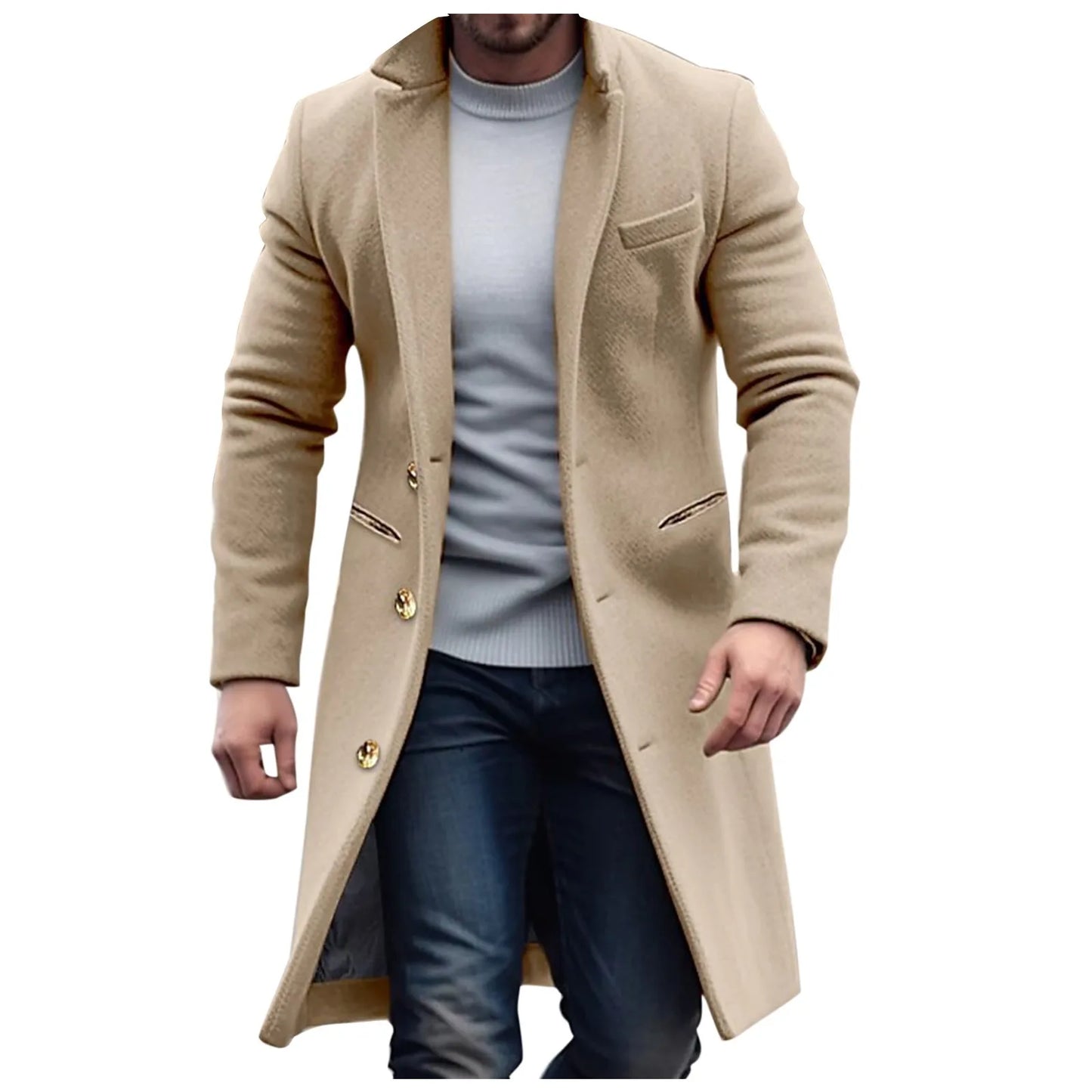 Mid Length Men Winter Windbreaker Jacket Solid Color Lapel Single Breasted