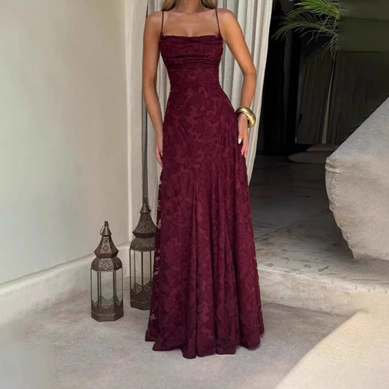 Women Fashion Jacquard Lace Solid Party Dress Elegant Backless Slim Sling Dress Sexy Off Shoulder Sleeveless Beach Long Dress - Shellss