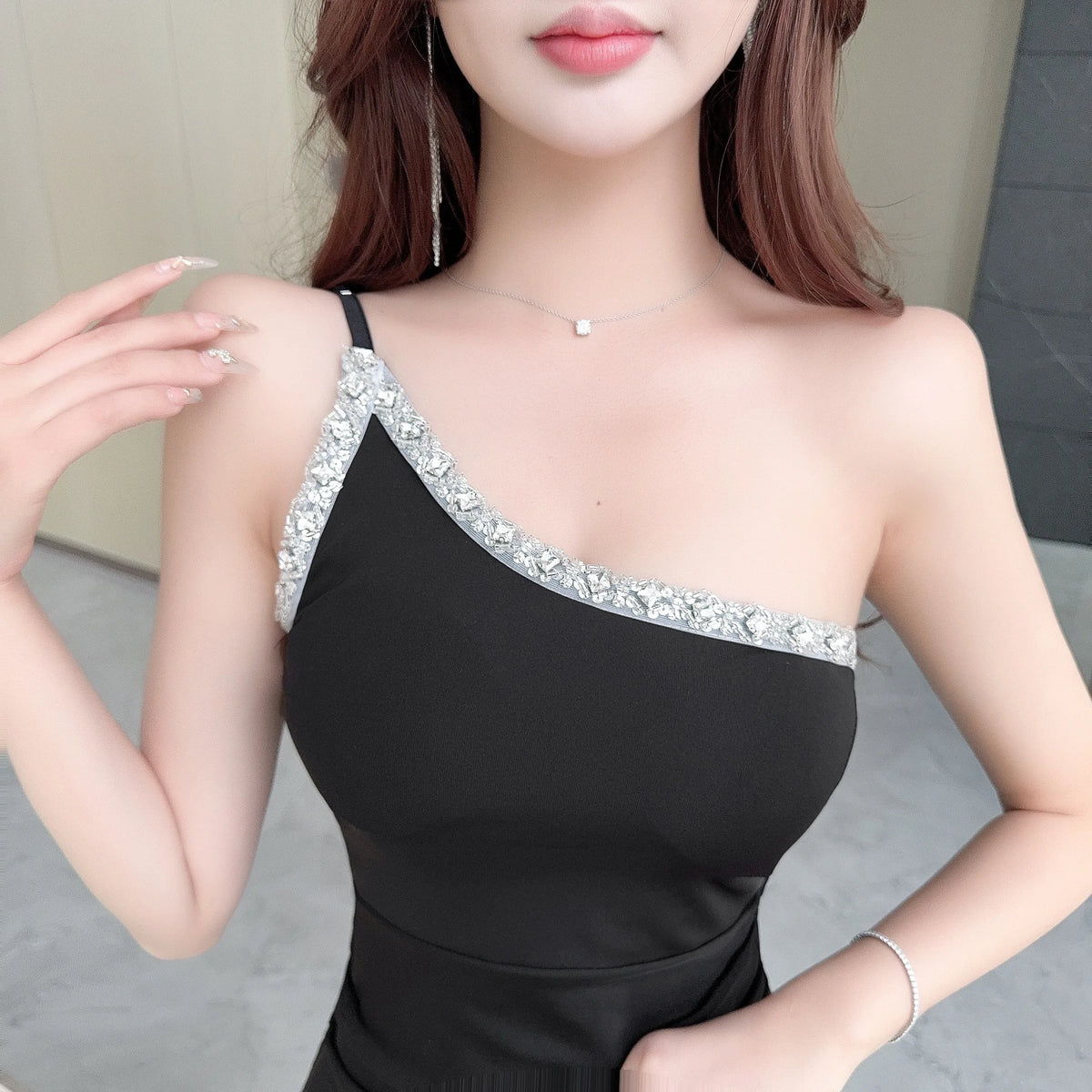 Sexy Low Cut Bodycon Dress Evening Club Single Shoulder Short Skirt Tight Fit Slimming Backless High Waist Polyester Fiber