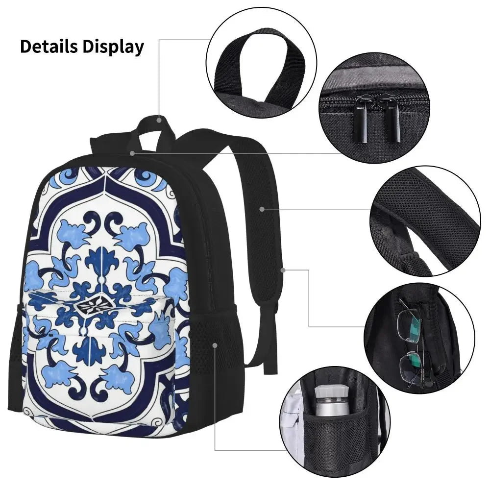 Blue Ornate Floral Mediterranean Sicilian Tile Backpacks Bookbag Children School Bags Rucksack Lunch Bag Pen Bag Three-Piece Set