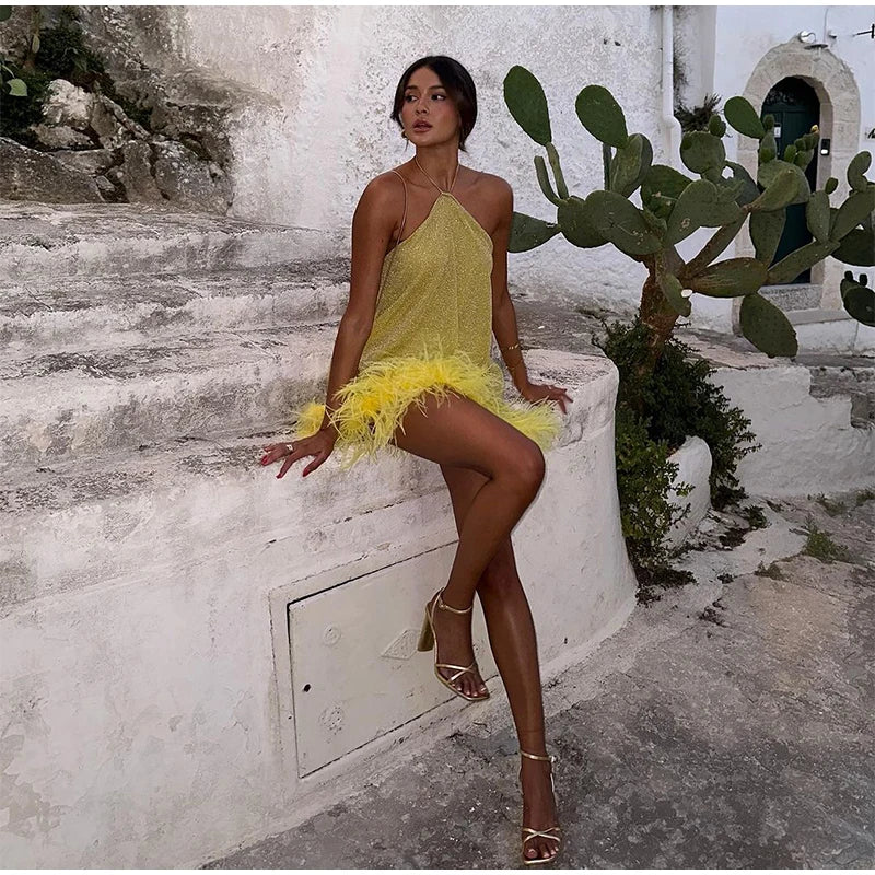 Yellow Sparkly Feathers Mini - Shellss