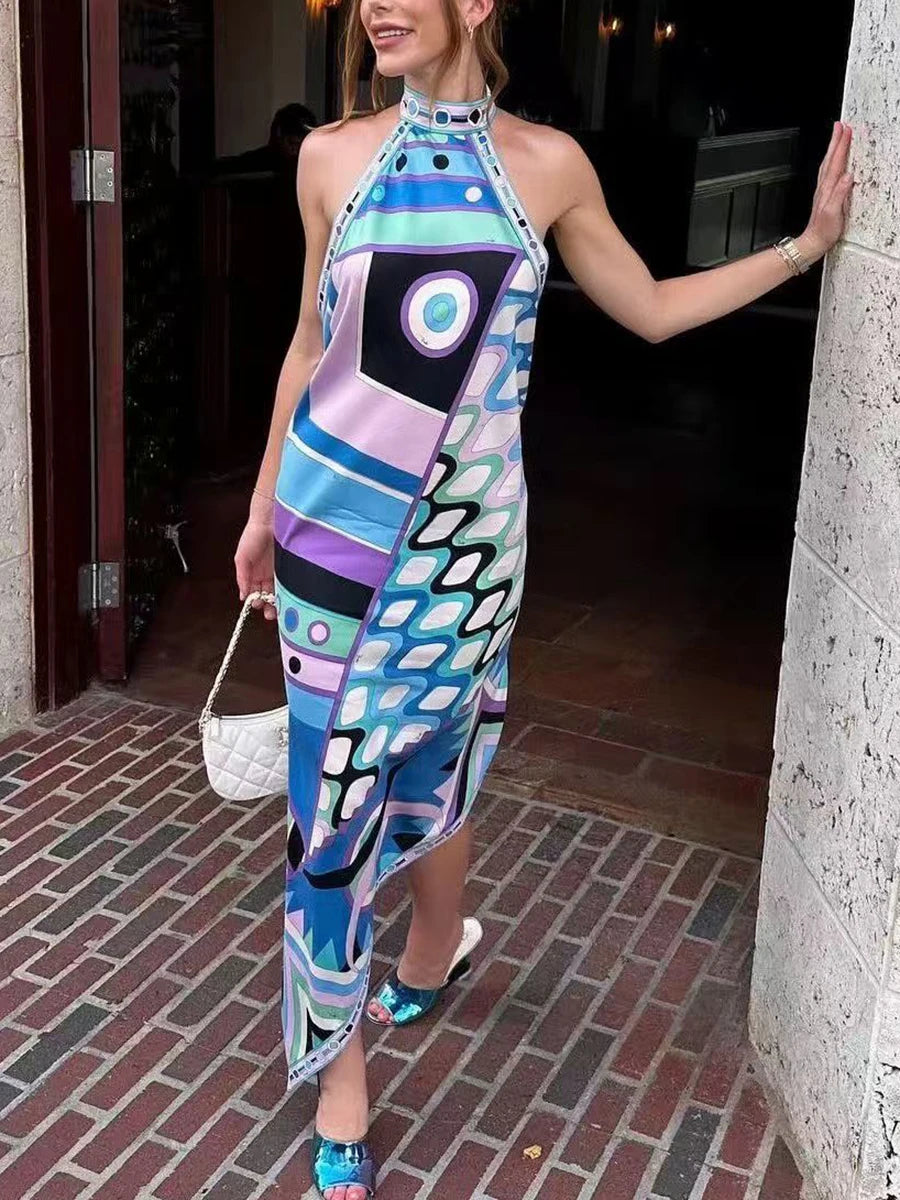 TWOTWINSTYLE Solid Loose Spliced Printing Chic Dresses for Women Halter Sleeveless Vintage Sexy Dress Female Summer Fashion New