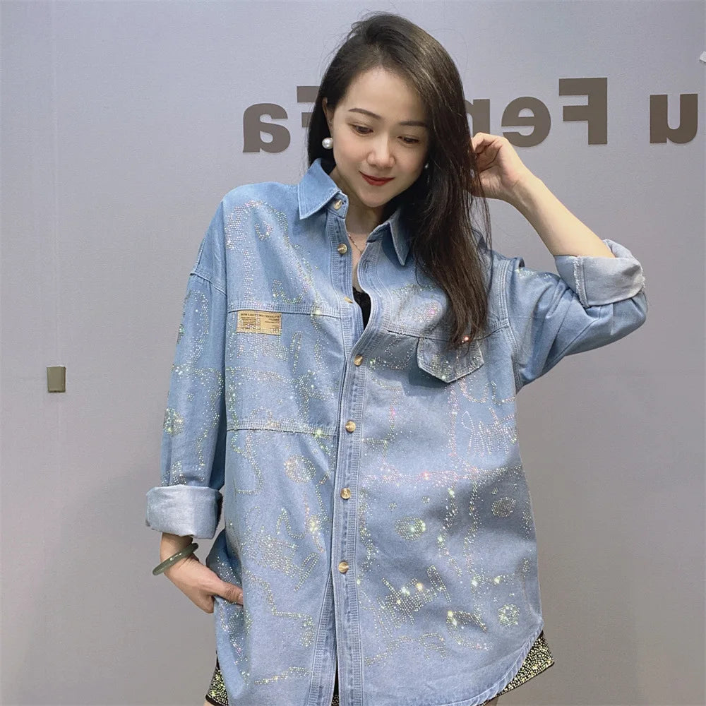 Women Hot Drilling Animals Sequined Denim Shirt Autumn Rhinestones Jeans Jacket Crystal Cowboy Cardigan Single Breasted Tops