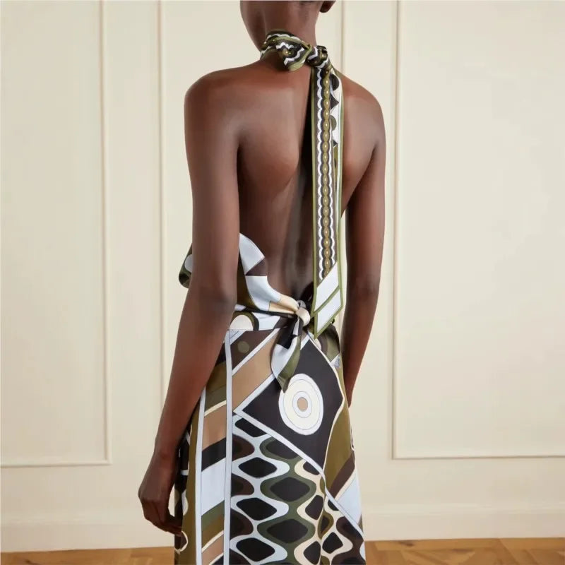 Women's Vintage Skirt Two-piece Set Summer New Printed Halter Suit Women Satin Irregular Skirt Two-piece Holiday Style Clothing