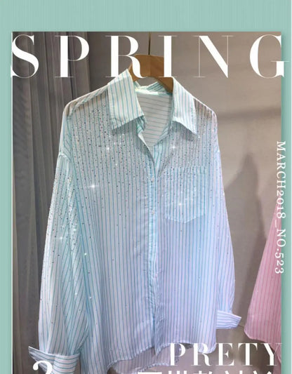 Lightweight Loose Stripes Rhinestone Shirt