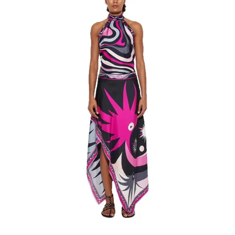 Irregular Satin Print Suit Women Halter Neck Lace Up Tank Top Midi Skirt 2 Pieces Set 2026 New Lady Summer Casual Vacation Wear