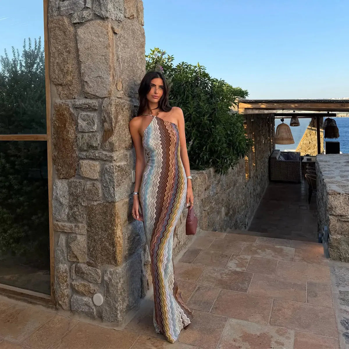 One Shoulder Dress Cutout Mesh Cover Up Colorful Print Swimsuit Coverup Bodycon Maxi Dress Beachwear Resortwear Outfits - Shellss
