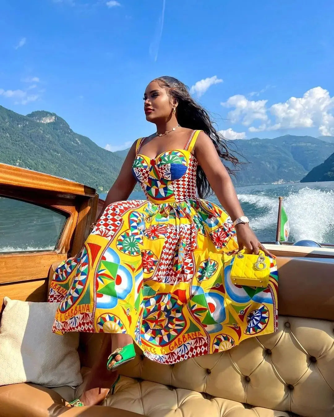 Multicolor Dolce Print Yellow Long Dress