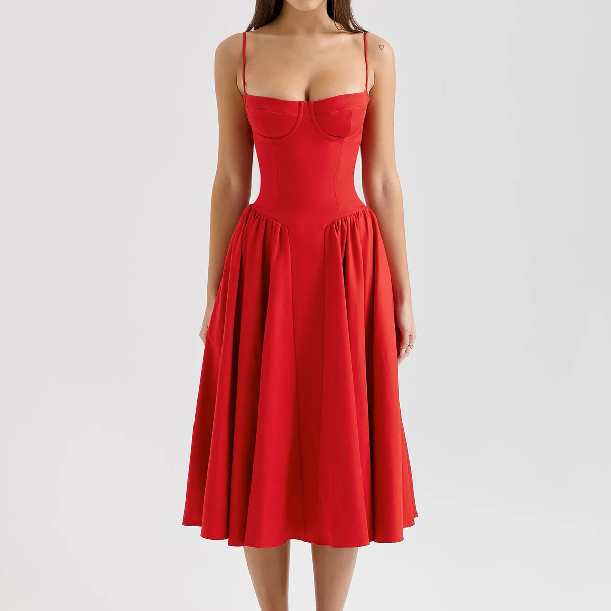 Suninheart Spaghetti Strap Summer Party Dresses 2025 New Arrivals Fit and Flare Elegant Midi Dress Red Night Date Dress - Shellss