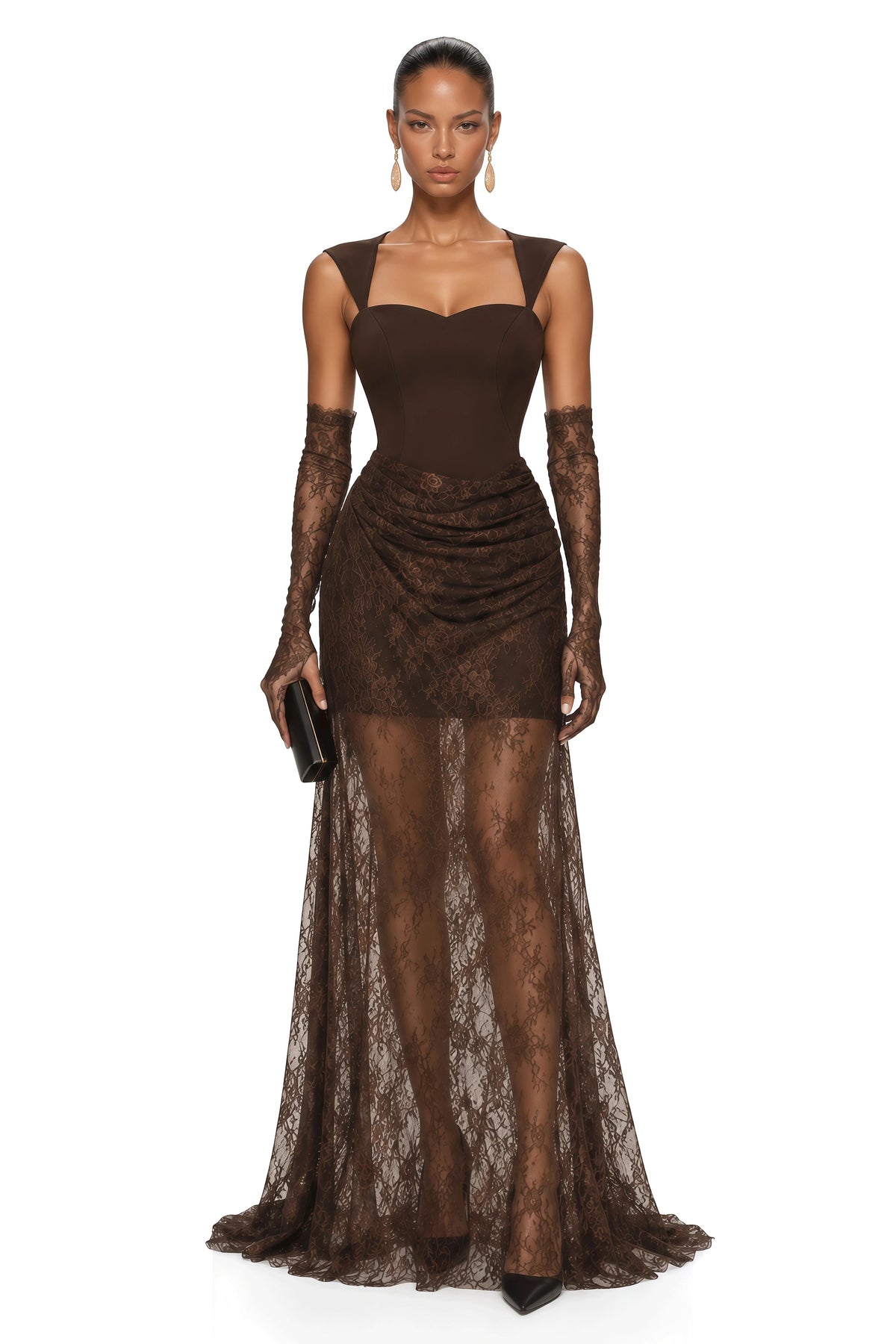 Vintage Luxury Brown Sheer Lace Floor Length Evening Gown Elegant Women Party Gown for Dubai Saudi EID Gala Dinner Wedding Guest - Shellss