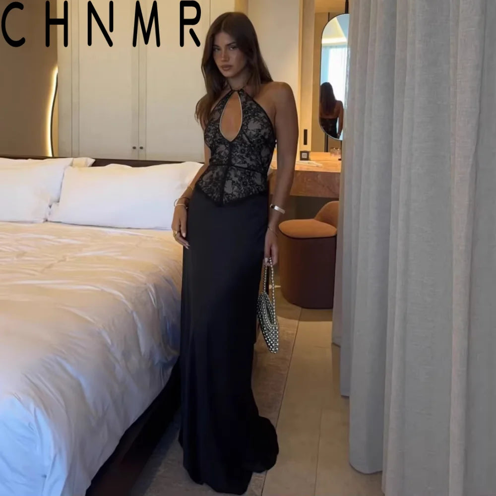 CHNMR Elegant Lace Hollow Out Halter Long Dress Women Sexy Patchwork Backless Female Maxi Dresses Summer Lady Evening Party Gown