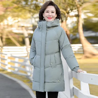 Winter Cotton padded Jacket Hooded solid color fleece thick Parkas Warm Loose Long Overcoat middle aged and Grandma Snow Coat