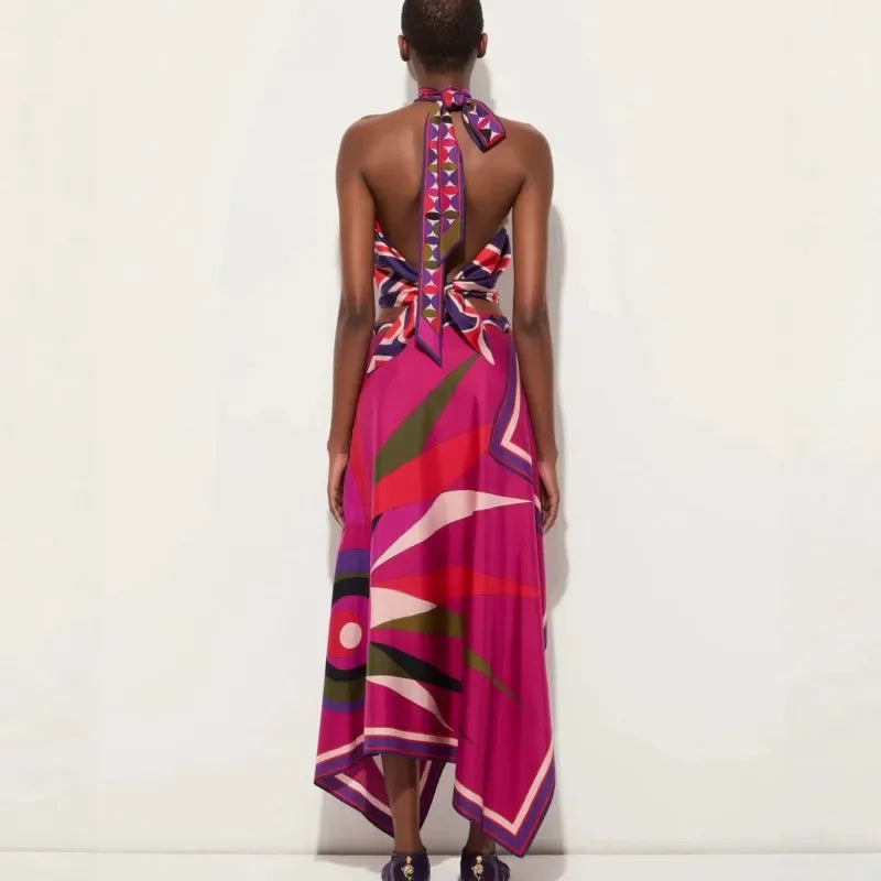 Women's Vintage Skirt Two-piece Set Summer New Printed Halter Suit Women Satin Irregular Skirt Two-piece Holiday Style Clothing