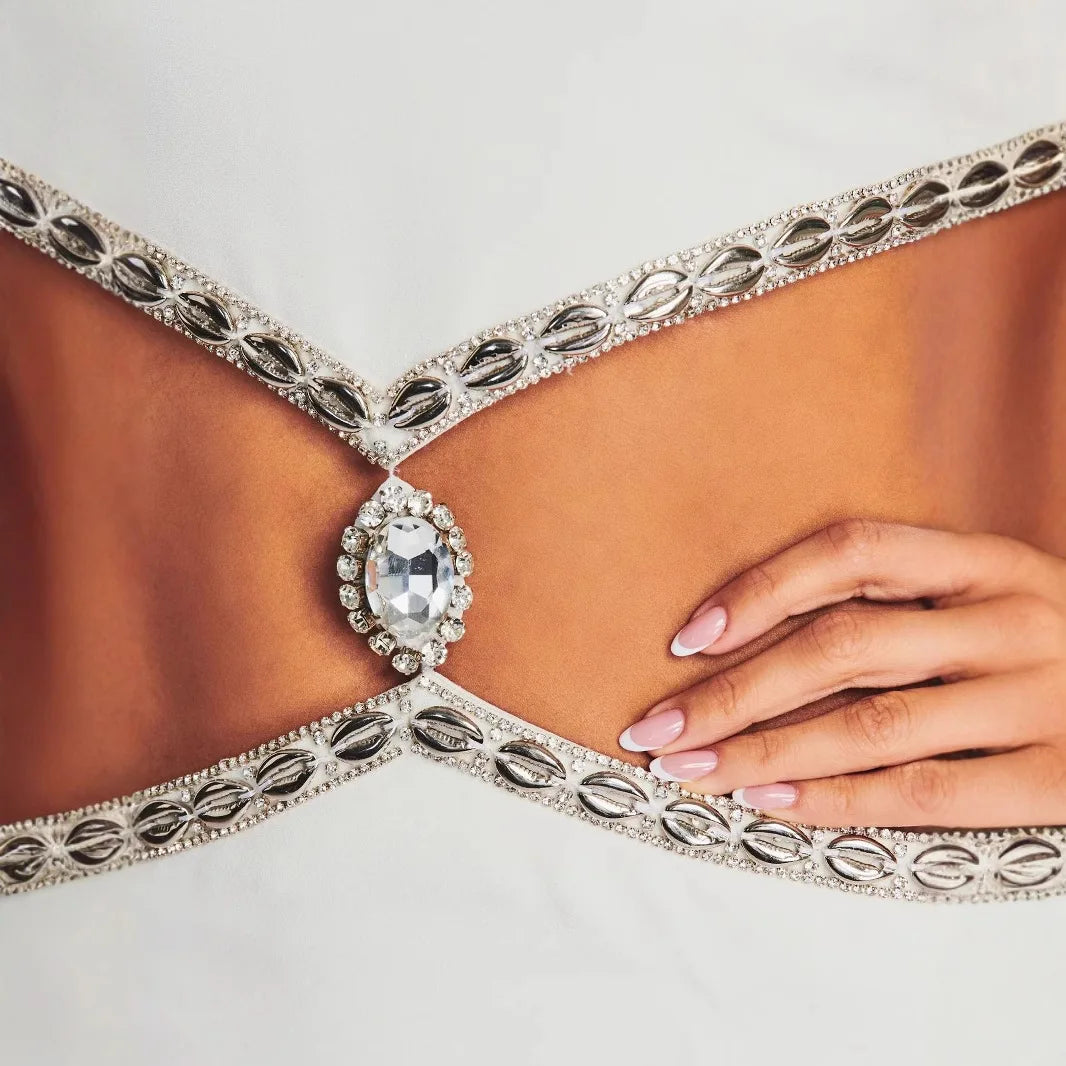 Short Heavy Metal Diamond Embedded Women's Dress Sexy Bodycon Design Belted Waistline Decoration Cross-Border Fashion