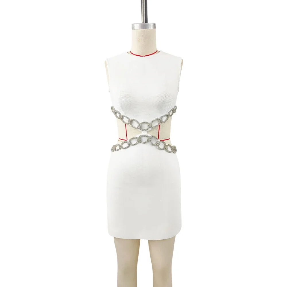 Sexy Hollow Out Diamonds Mini Dress Sleeveless Backless Solid Short Bandage Dresses Luxury Cocktail Evening Club Party Outfit