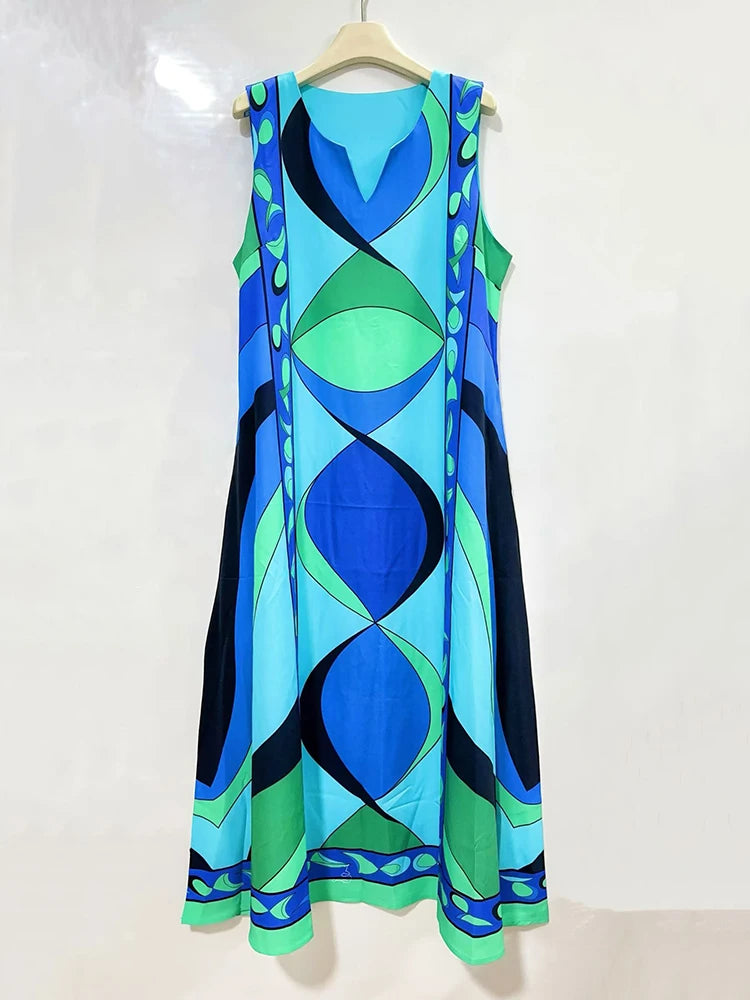 2026 Summer Women's Clothing Retro Geometric Print V-neck Pullover Sleeveless Dress Fashion Loose Large Size A-Line Tank Top - Shellss