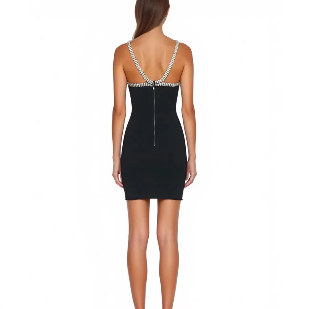2026 Women Sexy New Sleeveless Halter Diamonds Black Midi Bodycon Dress Party Costume Bar Nightclub Stage Performance Clothing