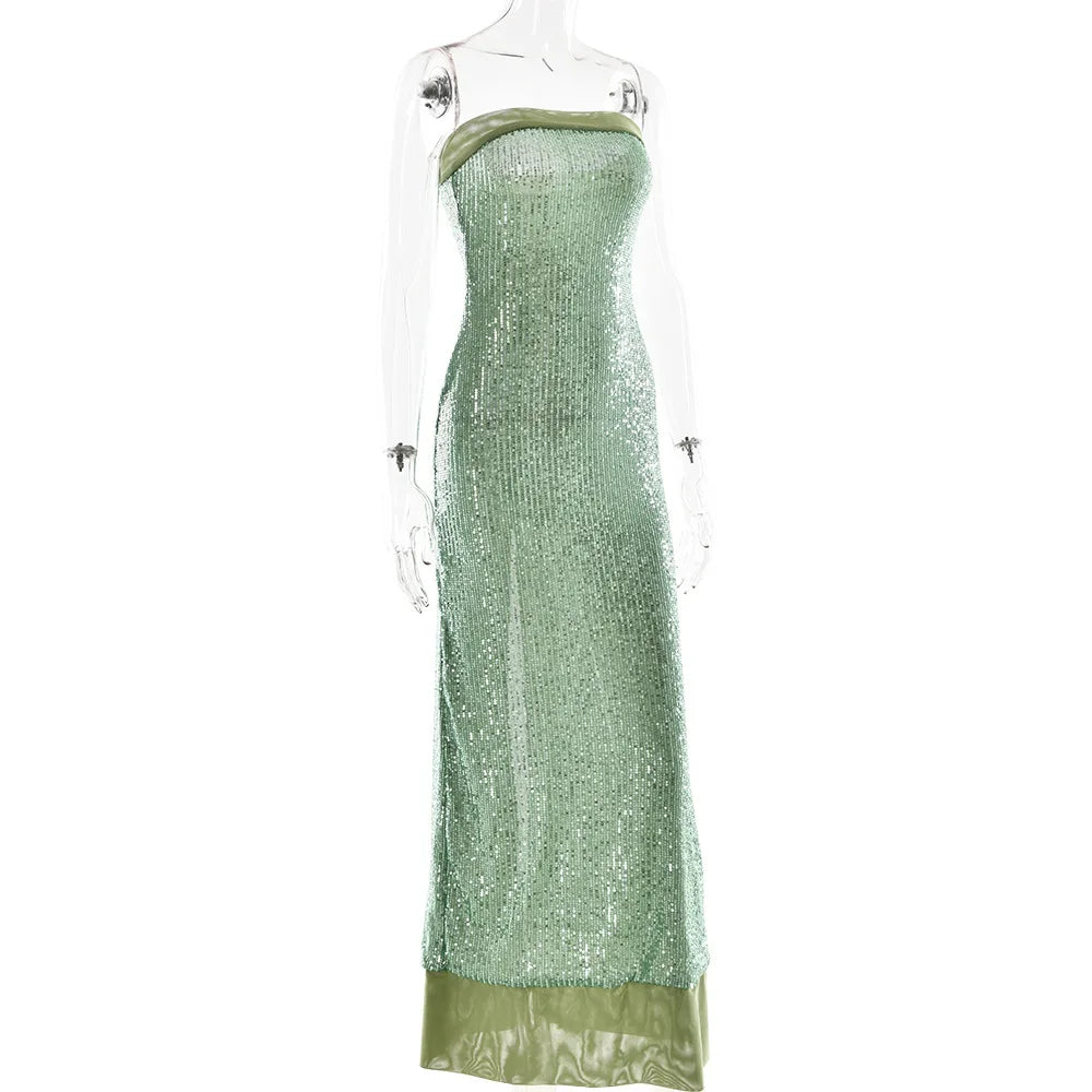 TWOTWINSTYLE Solid Slimming Fashion Dresses for Women Strapless Sleeveless Patchwork Sequins Midi Split Dress Female Clothing