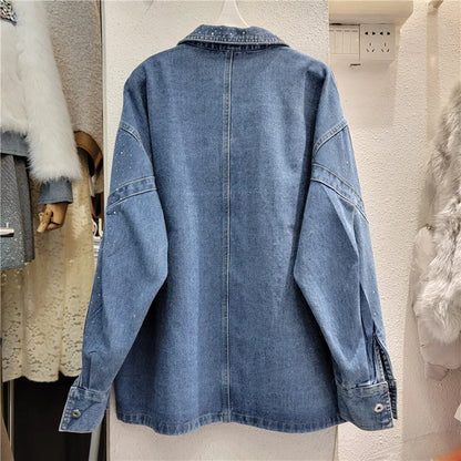 European Goods Heavy Hot Drilling Denim Coat Women's Fashion All-Match Mid-Length Slim Shirt Streetwear Loose Ladies Top Winter