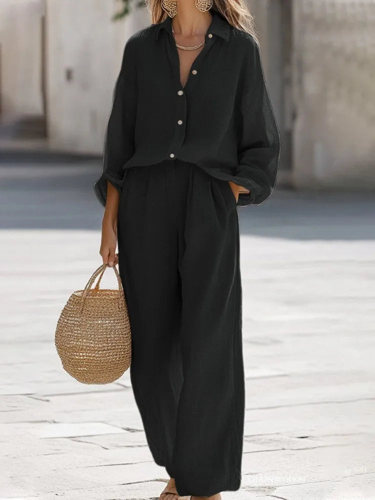 Linen Shirt Pants Suits Casual Two Piece Set