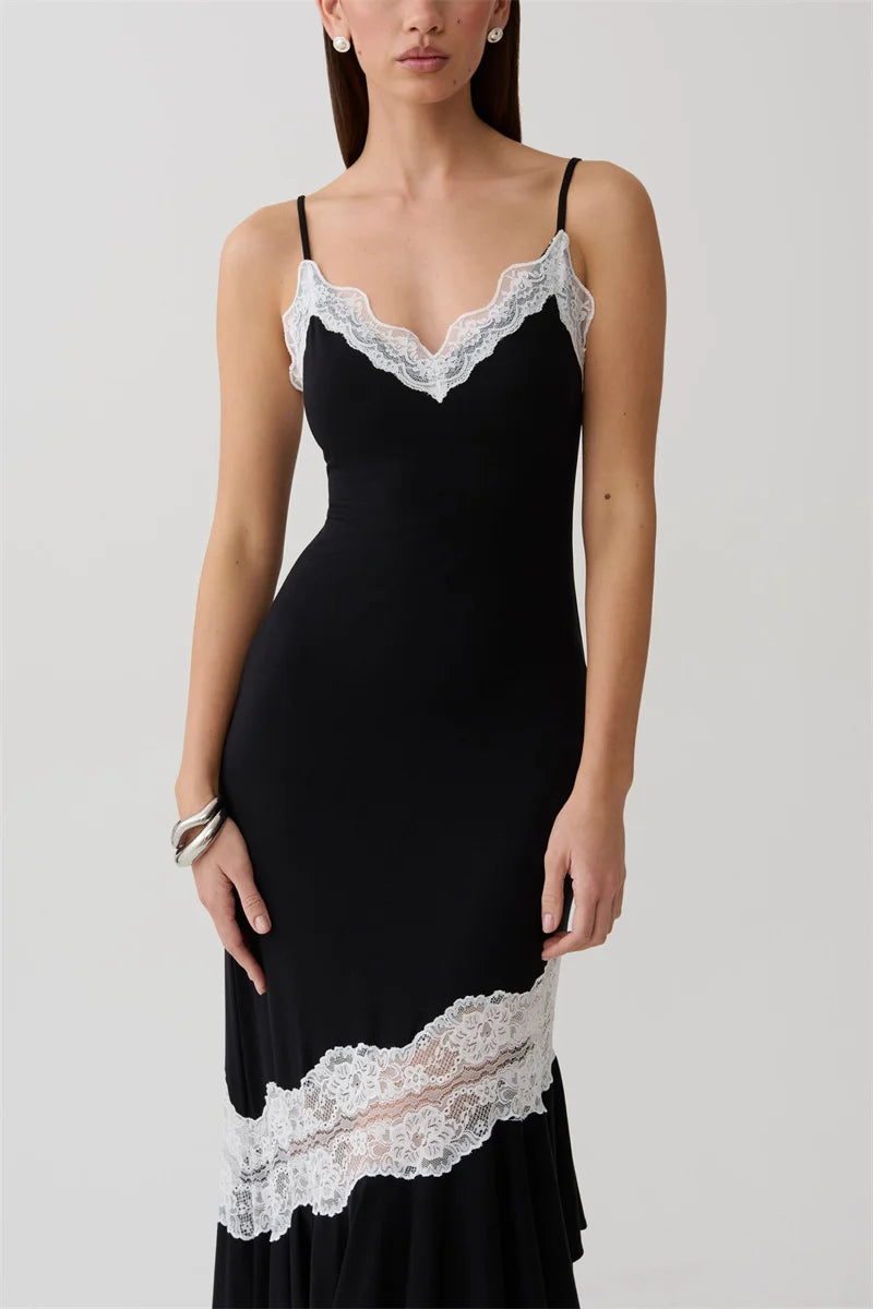 Mozision Women Spaghetti Strap V‑Neck Sexy Midi Dress Contrast White Lace Patchwork Ruffle Hem Bodycon Party Evening Dresses