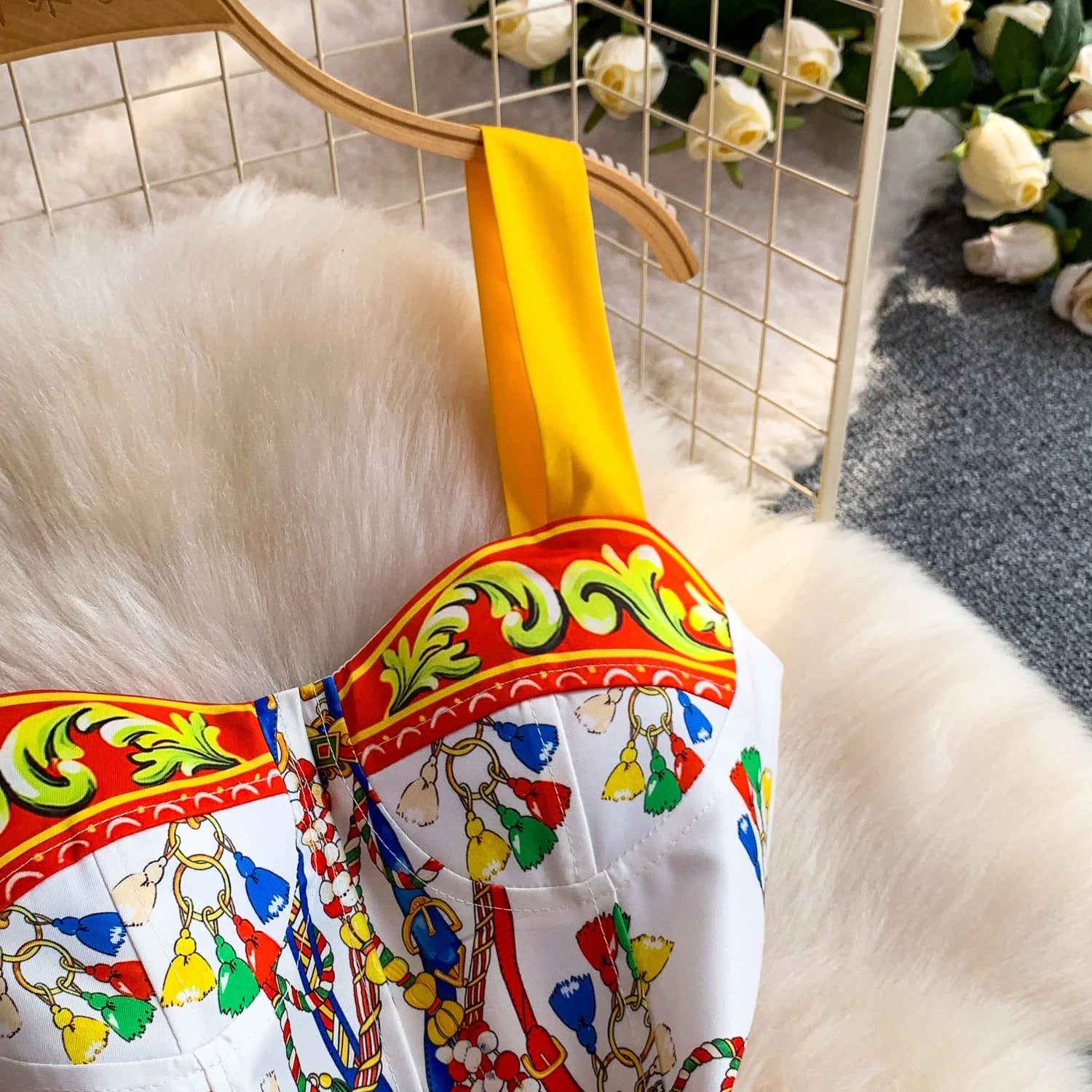 Retro Print Strapless Tube Dress Women's Summer Slimming A-Line Long Dress Court Style with Chest Pad Comfortable Breathable