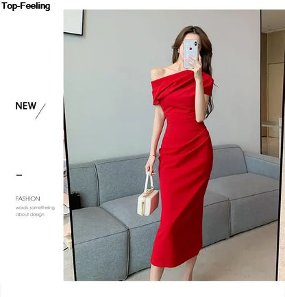 Elegant Off Shoulder Evening Party Dresses ONE SHOULDER DROP SHOULDER red