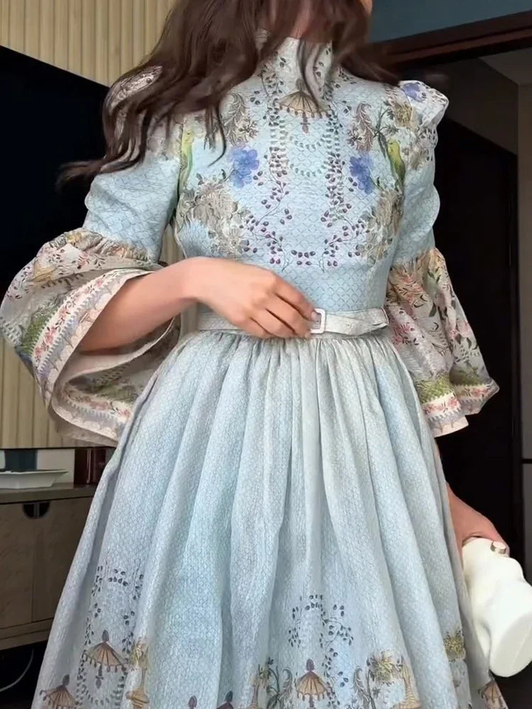 Floral Print Women Dress Button Down Mock Neck Maxi Dresses Long Lantern Sleeve A-Line Waist Belt Flared Hem Elegant Streetwear - Shellss