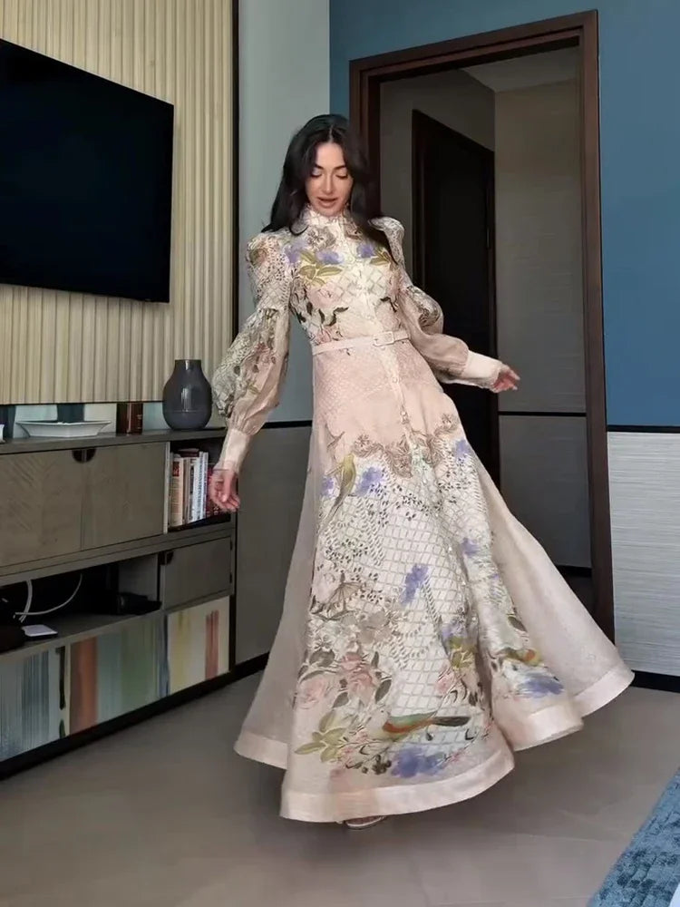Floral Print Women Dress Button Down Mock Neck Maxi Dresses Long Lantern Sleeve A-Line Waist Belt Flared Hem Elegant Streetwear - Shellss
