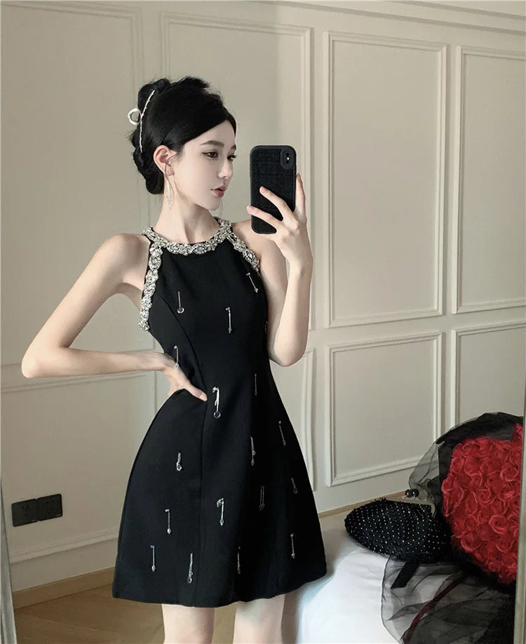 High Quality French Luxury Diamonds Beading Party Dresses For Women 2023 Summer New Elegant Fashion Sleeveless Sexy Dress Robes