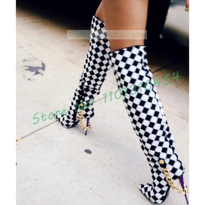 Black-white Checkered Knee-high Boots Women Stylish Gold Chain