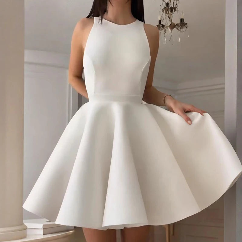 White Mini Waist clinching Pleated Dress