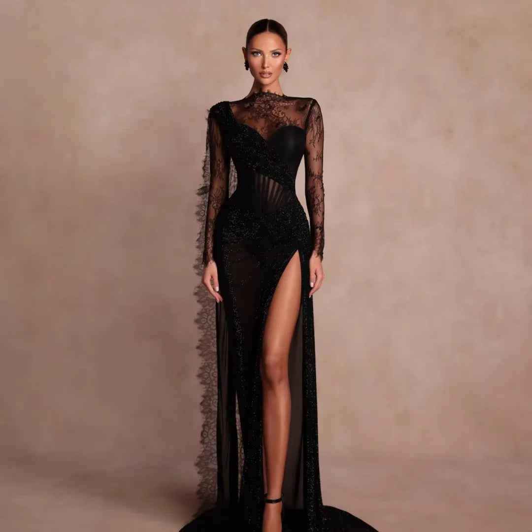Danni Customized 2026 Black Prom Dress Sheer Lace Long Sleeve Formal Evening Gown Vestidos De Noche Floor Length Party Dress - Shellss